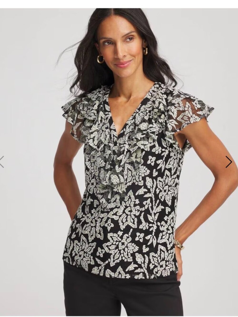 Chico's Size 2 Lace Floral Burnout Henley Tee Blouse Lace Black Ruffle Office L